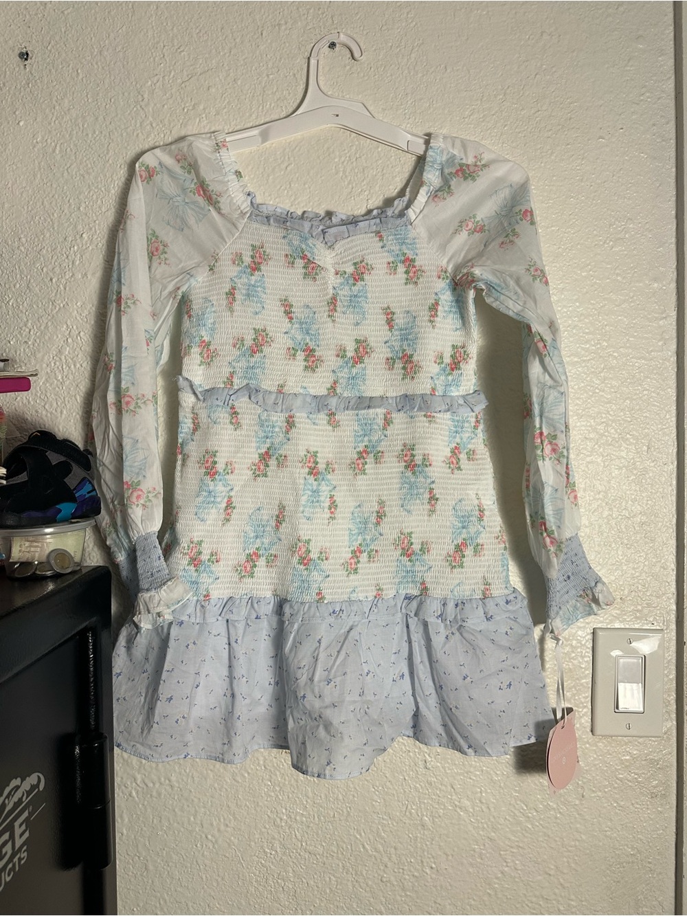 LoveShackFancy Girls Floral Smocked Long-Sleeve Dress in Light Blue & White